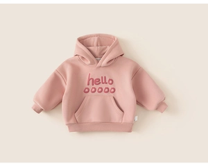 Close-up of pink girls' hooded sweatshirt with hello lettering and a kangaroo pocket
