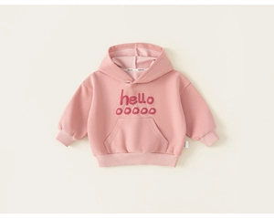 Detailed close-up of pink girls' cotton hoodie with 3D hello embossed design and pocket