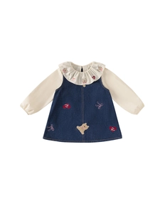 Mädchen-Set mit Cartoon-Bär-Bluse und Jeans-Trägerkleid im trendigen koreanischen Stil