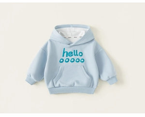 Detail of light blue girls hoodie showing kangaroo pocket and ribbed sleeve cuffs
