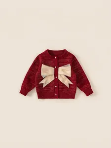 Cardigan In Maglia Per Bambine Maglione Fiocco Bottoni Perla Artificial Manica Lunga Girocollo Festivo Inverno Autunno Morbido