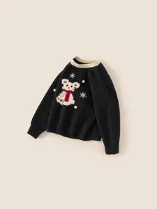 Kids black knit sweater with white bear pattern and festive snowflakes holiday design
