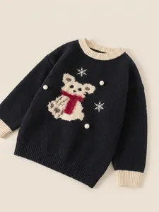 Children's thick black knit sweater featuring a cute teddy bear with a red scarf and snowflakes