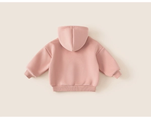 Rear view of pink hooded sweatshirt for kids with ribbed cuffs and drop shoulder detail