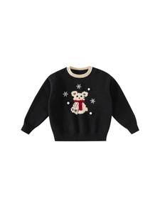 Girls' black knit sweater with polar bear and snowflake embroidery for winter warmth
