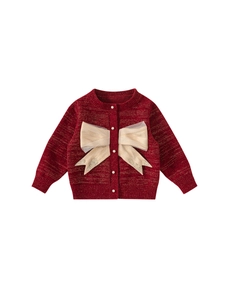 Cardigan bordeaux in maglia per bambine con fiocco bianco grande e bottoni di perla