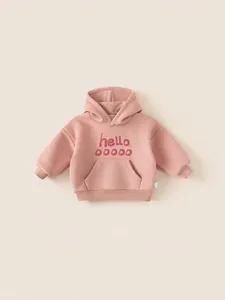 Pink hooded sweatshirt for girls featuring a hello print with a front kangaroo pocket