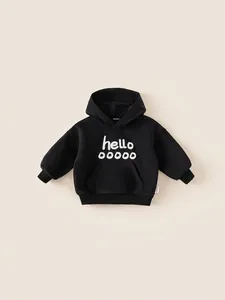 Kids black hooded sweatshirt with hello print and kangaroo pocket in soft cotton