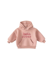 Pink hooded sweatshirt for girls featuring a 3D hello print and soft fleece fabric