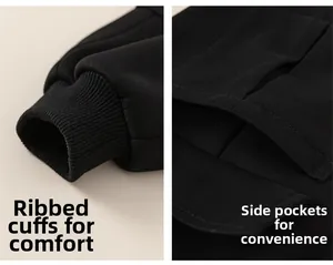 Detail view of ribbed cuffs and functional side pockets on kids cargo pants