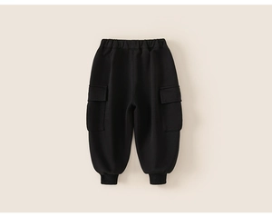 Detail of kids black fleece-lined cargo pants with elastic waist and ribbed jogger cuffs