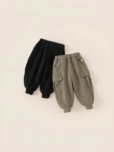 Boys Warm Fleece Lined Cargo Jogger Pants For Kids Winter Autumn Casual Solid Color Elastic Waist Soft Polyester Trousers