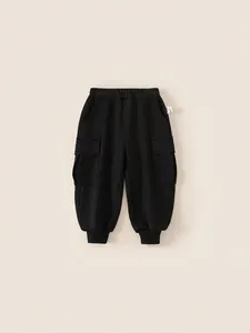 Kids black fleece lined cargo joggers with elastic waist and ribbed cuffs for winter