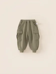 Army green fleece cargo joggers for boys featuring elastic waist and utility side pockets