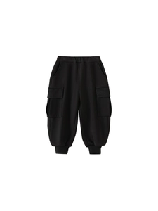 Boys black fleece-lined cargo pants with elastic waist and ribbed cuffs for winter