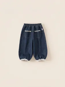 Pantalon en Denim Doublé de Polaire pour Filles Jeans d'Hiver Chauds Épaissis Avec Poche en Dentelle Taille Élastique Pantalon Enfant