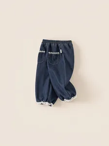 Pantalon en jean bleu foncé pour filles, doublé polaire, poches dentelle et taille élastique