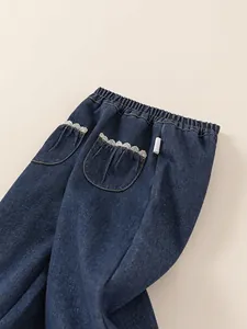 Pantalon en jean doublé polaire pour fille avec taille élastique et poches dentelle