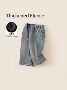 Jean en polaire pour fille, pantalon en denim bleu foncé doublé coupe droite hiver