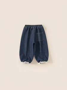 Pantalon en jean doublé polaire bleu foncé pour fille avec taille élastique et dentelle