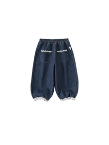 Pantalon bouffant en jean doublé polaire pour fille avec poches dentelle et taille élastique