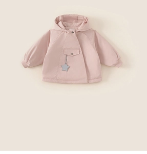 Detail view of pink hooded kids jacket featuring a flap pocket and star charm accessory
