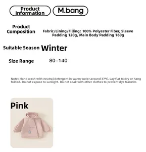 Detail chart of pink winter hooded jacket for girls with material and sizing specifications