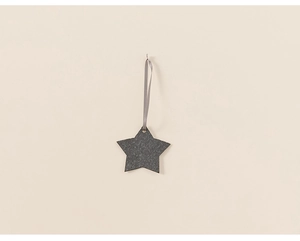 Close-up of a dark grey felt star ornament with a matching satin hanging ribbon