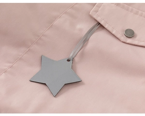 Detail of pink jacket showing pocket with metallic button and grey star charm