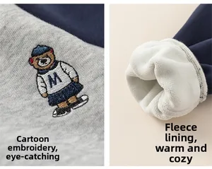 Detail of cartoon bear embroidery and thick white fleece lining on children's sweatshirt