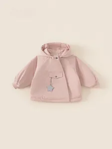 Baby Girls Winter Hooded Jacket Padded Thickened Warm Outerwear Solid Pink Coat With Star Pendant For Toddlers Kids