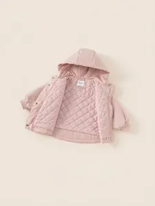 Pink hooded winter coat for girls with snap buttons and quilted warm lining