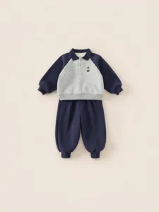 Kids navy and grey fleece sports tracksuit featuring polo neck and cute bear embroidery