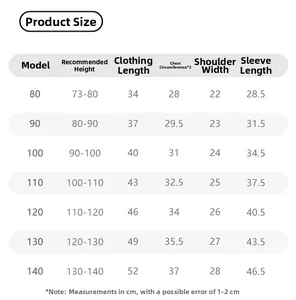 Detailed size chart for girls fleece-lined long sleeve shirt from size 80 to 140 cm