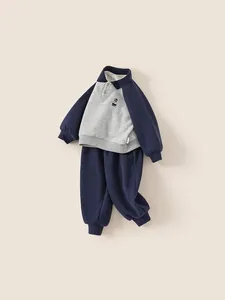 Kids warm fleece two-piece polo tracksuit set with teddy bear embroidery in grey and navy