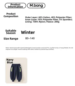 Detailed view of navy blue fleece pants fabric composition and thick winter lining
