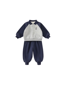 Kids navy and grey fleece sports set with bear embroidery and polo collar sweatshirt
