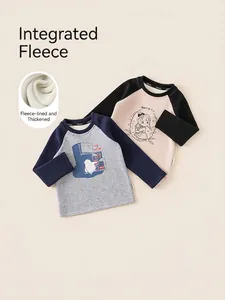 T-Shirt per Bambini in Pile con Maniche Raglan Cotone Colore a Contrasto Caldo Top a Manica Lunga con Stampa Cartoon Maglione Invernale