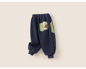Detail of navy blue toddler winter sweatpants with colorful palette embroidery on pocket