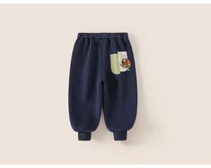 Close-up of navy blue kids sweatpants featuring a colorful artist palette embroidery
