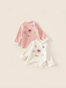 Girls Long Sleeve Fleece Lined T-Shirt Autumn Winter Thickened Cartoon Star Heart Pattern Pullover Top With Ruffle Collar