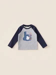 Maglia calda a maniche lunghe per bambini con maniche raglan blu e stampa di pinguino