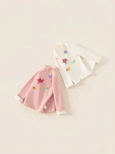 Kids long sleeve thermal shirts in pink and beige with cute star heart embroidery