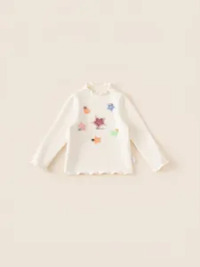 Girl's fleece lined cartoon sweatshirt in beige with decorative frill collar and colorful star