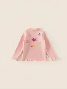 Pink long-sleeve cotton thermal shirt for girls with star and heart patches and ruffled edges