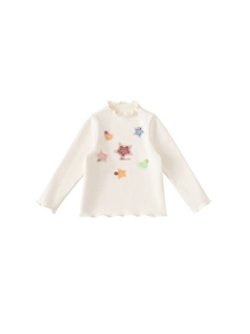 White long sleeve kids thermal shirt with colorful star heart patches and wavy edges