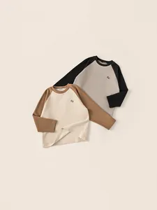 T-Shirt Raglan à Manches Longues pour Enfants Contraste Bloc de Couleur Broderie de Lettres Col Rond Haut Pullover Basique pour Garçons Filles