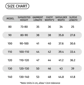 Detailed size chart for boys denim jacket showing measurements from 80cm to 140cm