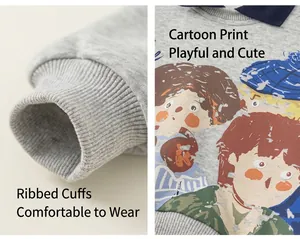 Detail of gray kids sweatshirt with rib-knit cuffs and colorful cartoon prints