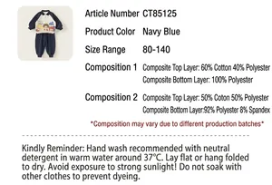 Detail view of navy blue kids cartoon sweatshirt set with size chart and material info